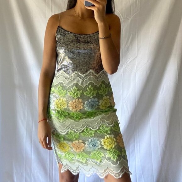 Floral Lace Mini Dress - Silver and Multicolor - Picture 2 of 10
